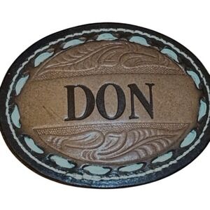 Leather embossed hand tooled vintage belt buckle western Dallas Texas DON